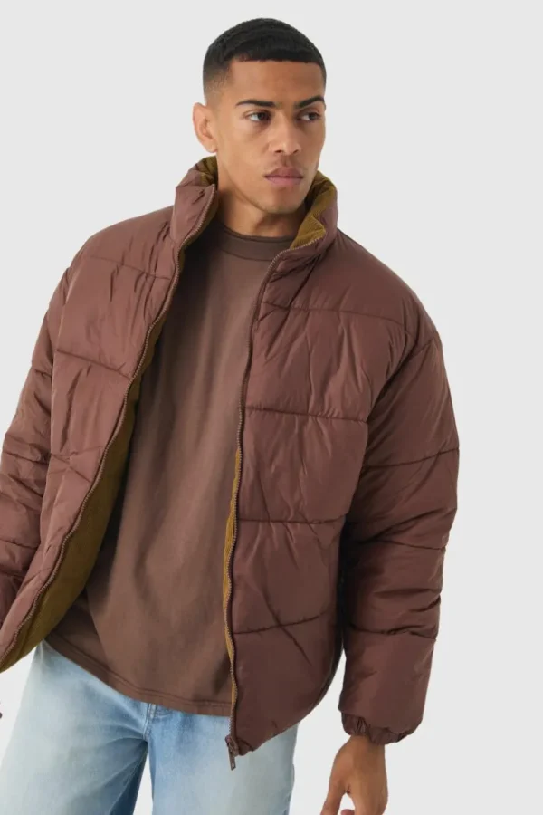 boohooMAN Reversible Cord And Nylon Puffer Jacket In Brown | Man | Coats & Jackets