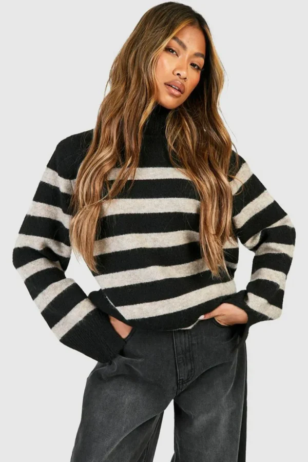 boohoo Roll Neck Oversized Stripe Jumper | Women Shirts | Foundation