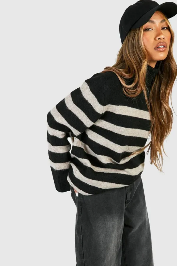 boohoo Roll Neck Oversized Stripe Jumper | Women Shirts | Foundation