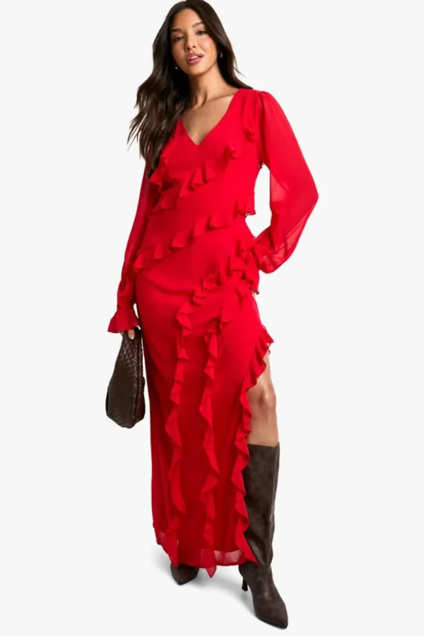 boohoo Ruffle Long Sleeve Chiffon Maxi Dress | Women Shirts | Foundation