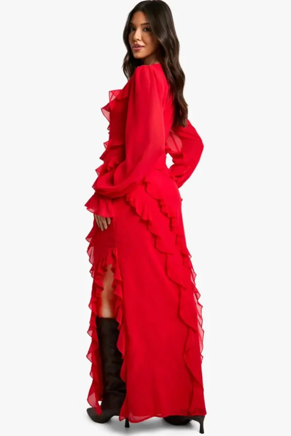 boohoo Ruffle Long Sleeve Chiffon Maxi Dress | Women Shirts | Foundation