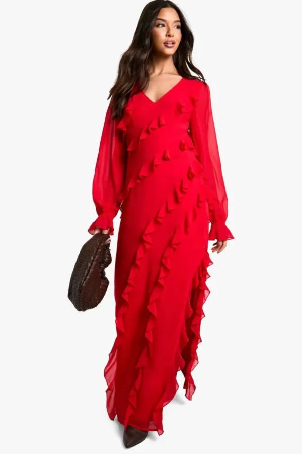 boohoo Ruffle Long Sleeve Chiffon Maxi Dress | Women Shirts | Foundation