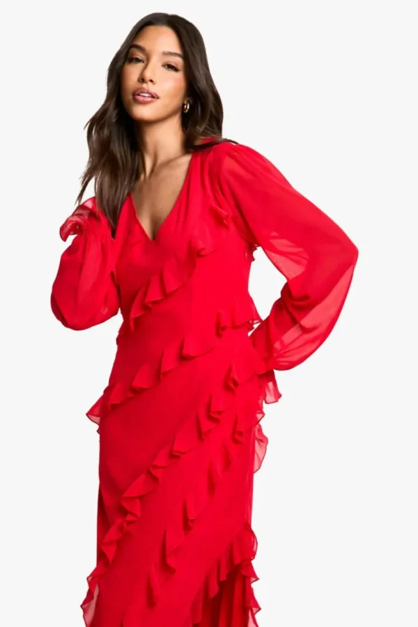 boohoo Ruffle Long Sleeve Chiffon Maxi Dress | Women Shirts | Foundation