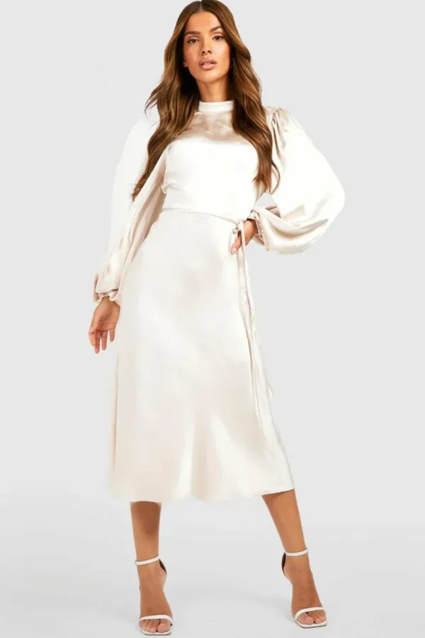 boohoo Satin High Neck Balloon Sleeve Midi Dress | Women Shirts | Foundation