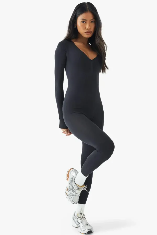 boohoo Seamless Sculpt Waist Plunge Long Sleeve Unitard | Women Shirts | Foundation