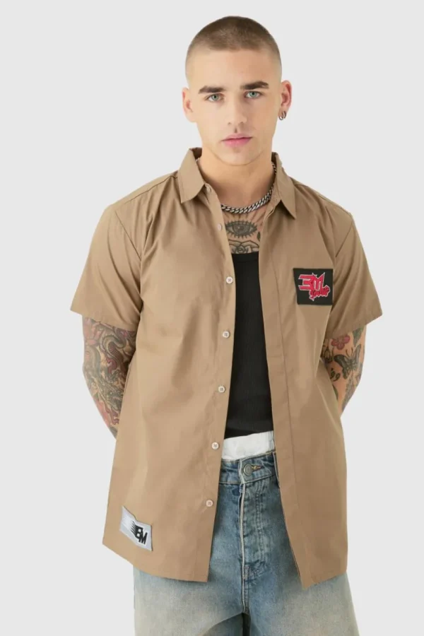 boohooMAN Short Sleeve Concealed Placket Moto Poplin Shirt | Shirts | Going Out Shirts