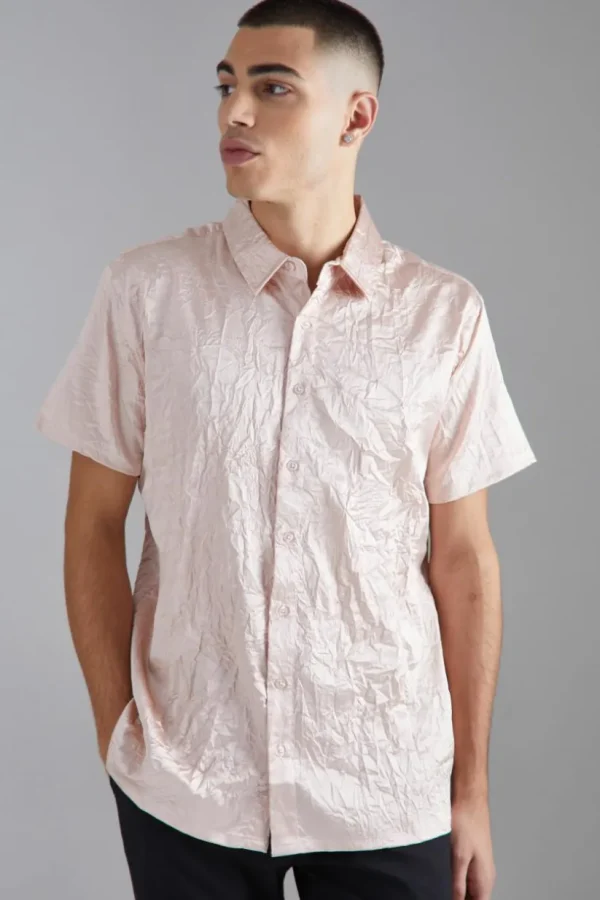 boohooMAN Short Sleeve Crinkle Satin Sheen Shirt | Shirts | Going Out Shirts