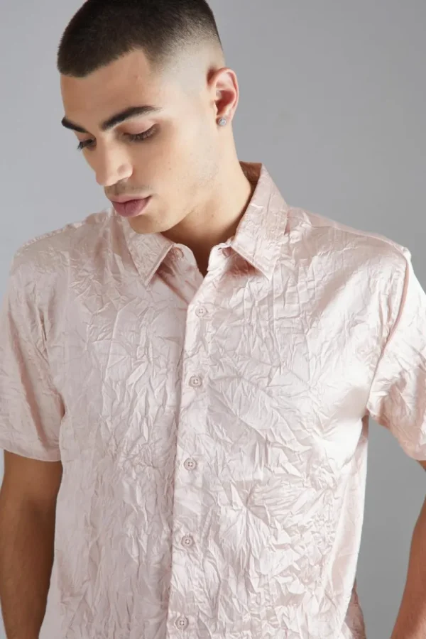 boohooMAN Short Sleeve Crinkle Satin Sheen Shirt | Shirts | Going Out Shirts