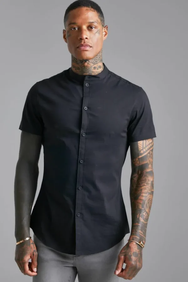 boohooMAN Short Sleeve Grandad Slim Fit Shirt | Shirts | Going Out Shirts