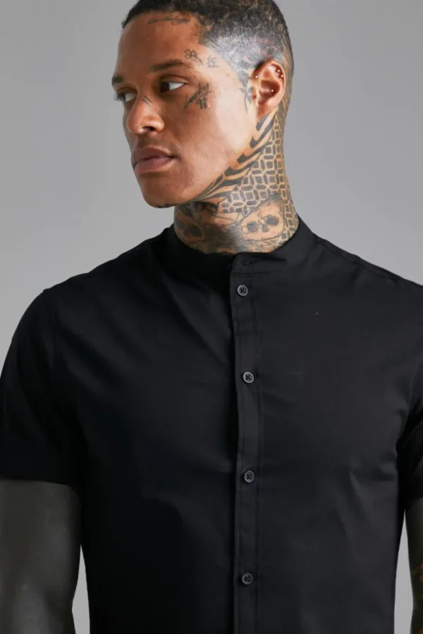 boohooMAN Short Sleeve Grandad Slim Fit Shirt | Shirts | Going Out Shirts