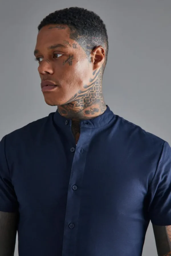 boohooMAN Short Sleeve Grandad Stretch Shirt | Shirts | Going Out Shirts