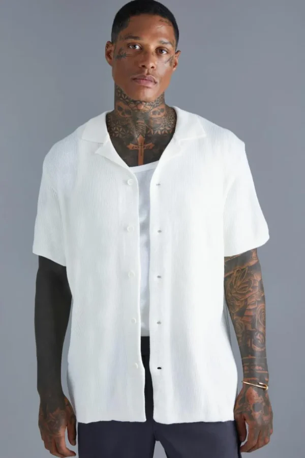 boohooMAN Short Sleeve Knitted Pleated Revere Shirt | Going Out | Shirts