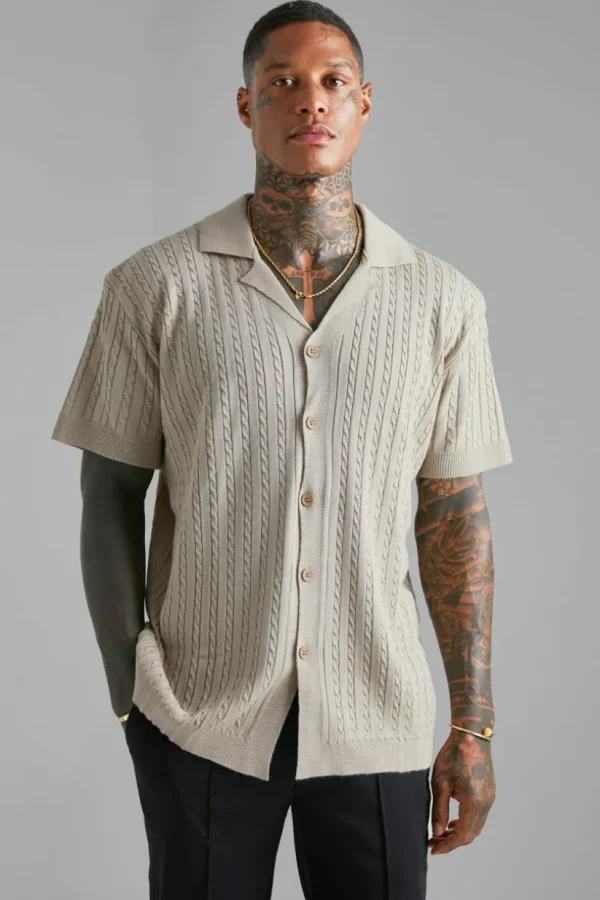 boohooMAN Short Sleeve Revere Cable Knit Shirt | Going Out Polo Shirts | Going Out Tops