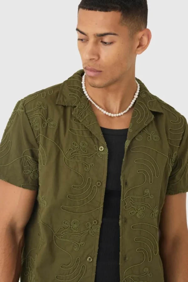 boohooMAN Short Sleeve Revere Embroidered Artwork Shirt | Shirts | Going Out Shirts