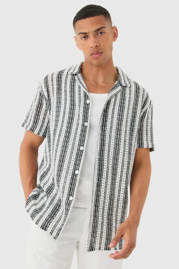 boohooMAN Short Sleeve Revere Oversized Open Knit Stripe Shirt | Shirts | Going Out Shirts