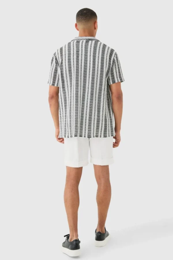 boohooMAN Short Sleeve Revere Oversized Open Knit Stripe Shirt | Shirts | Going Out Shirts