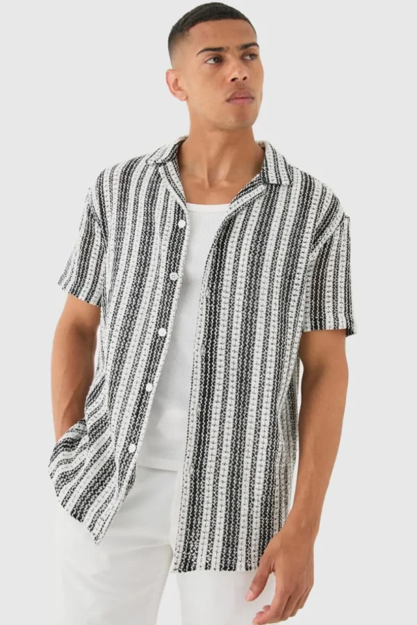 boohooMAN Short Sleeve Revere Oversized Open Knit Stripe Shirt | Shirts | Going Out Shirts