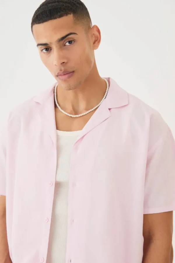 boohooMAN Short Sleeve Revere Oversized Linen Shirt | Shirts | Going Out Shirts
