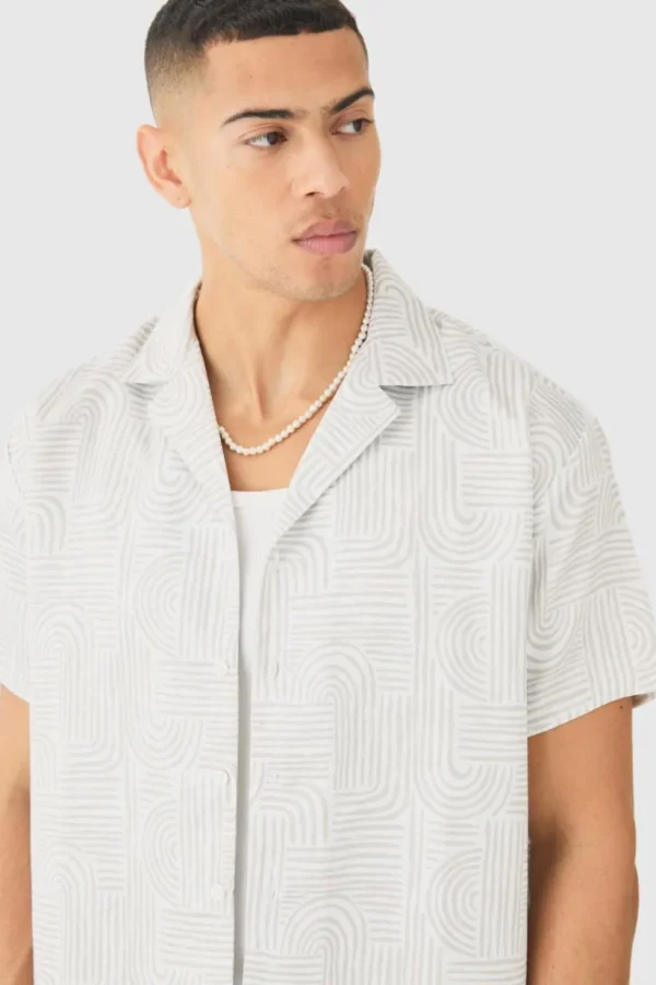 boohooMAN Short Sleeve Satin Oversized Monogram Shirt | Shirts | Going Out Shirts