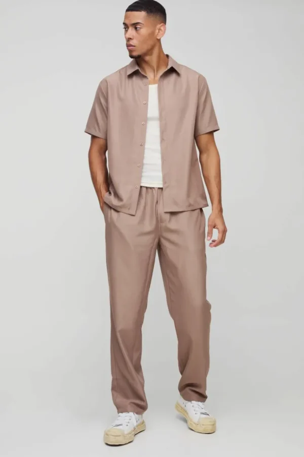 boohooMAN Short Sleeve Soft Twill Smart Shirt & Trouser Set | Sets & Coords