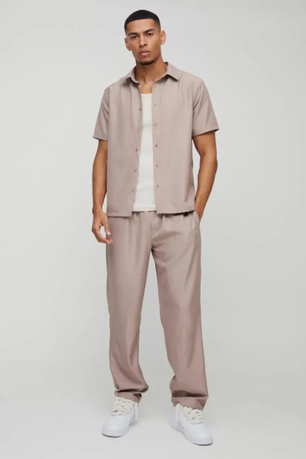 boohooMAN Short Sleeve Soft Twill Smart Shirt & Trouser Set | Sets & Coords