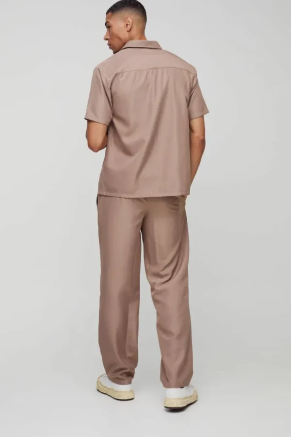 boohooMAN Short Sleeve Soft Twill Smart Shirt & Trouser Set | Sets & Coords