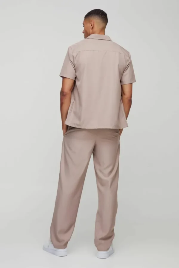 boohooMAN Short Sleeve Soft Twill Smart Shirt & Trouser Set | Sets & Coords