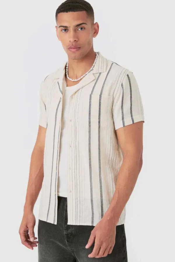 boohooMAN Short Sleeve Textured Multi Stripe Pocket Shirt | Shirts | Going Out Shirts