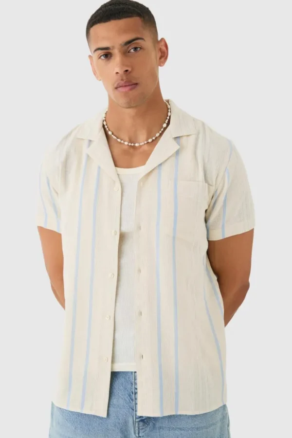 boohooMAN Short Sleeve Textured Multi Stripe Pocket Shirt | Shirts | Going Out Shirts