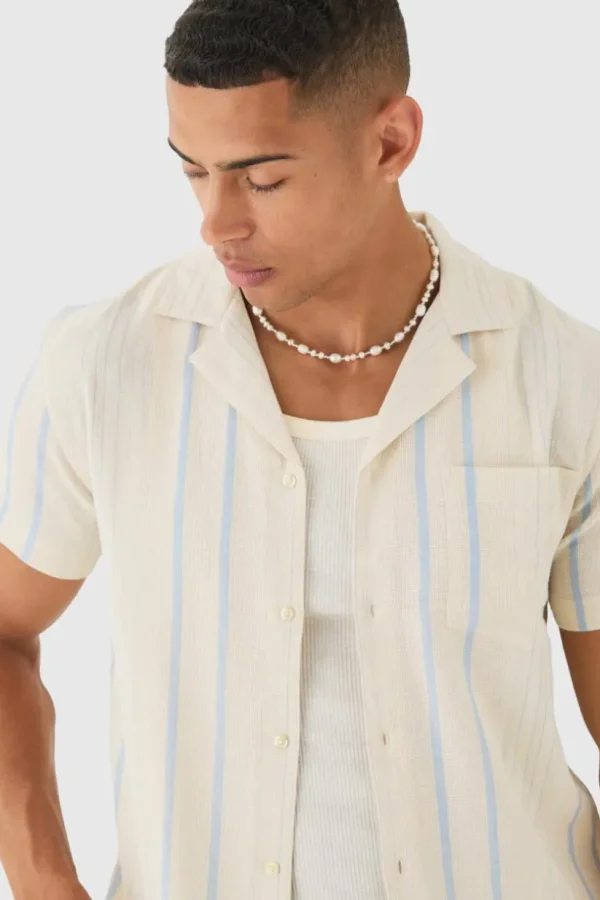 boohooMAN Short Sleeve Textured Multi Stripe Pocket Shirt | Shirts | Going Out Shirts