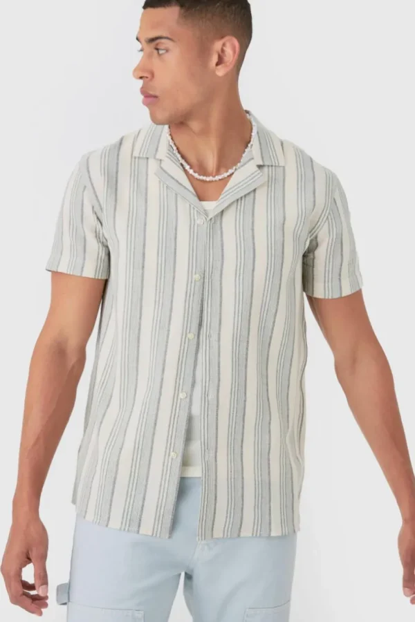 boohooMAN Short Sleeve Textured Tonal Stripe Shirt | Shirts | Going Out Shirts