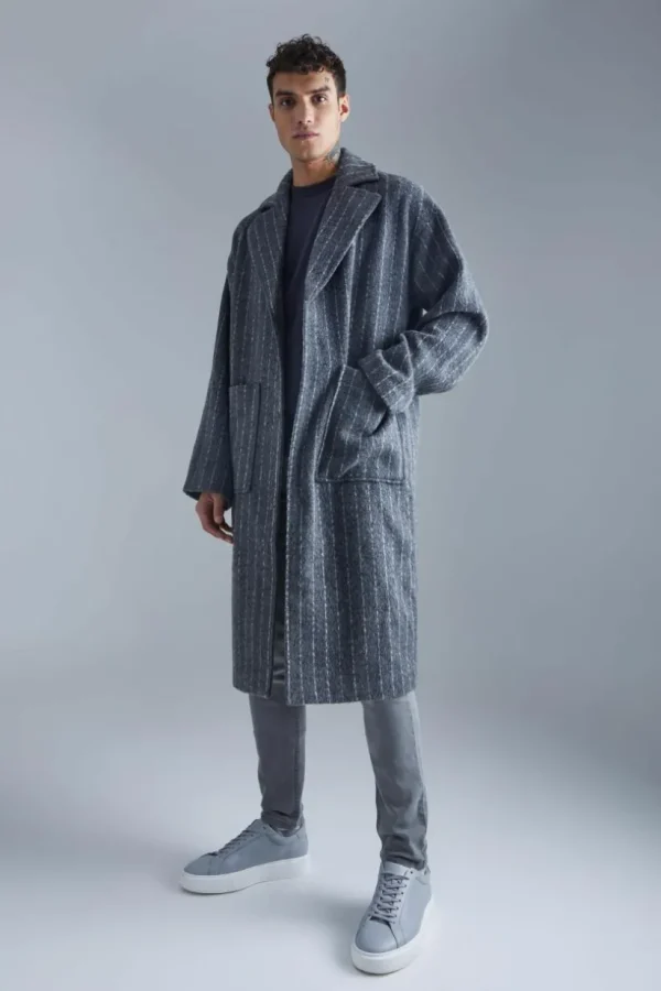 boohooMAN Single Breasted Brushed Stripe Overcoat | Man | Coats & Jackets