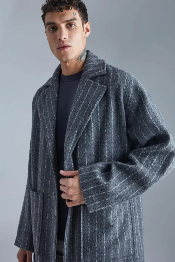 boohooMAN Single Breasted Brushed Stripe Overcoat | Man | Coats & Jackets