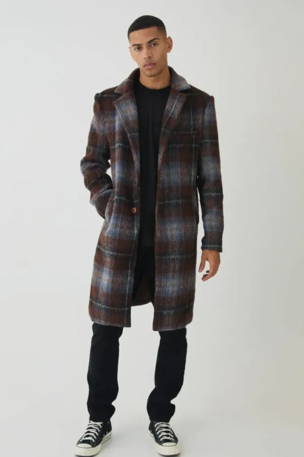 boohooMAN Single Breasted Check Overcoat In | Man | Coats & Jackets