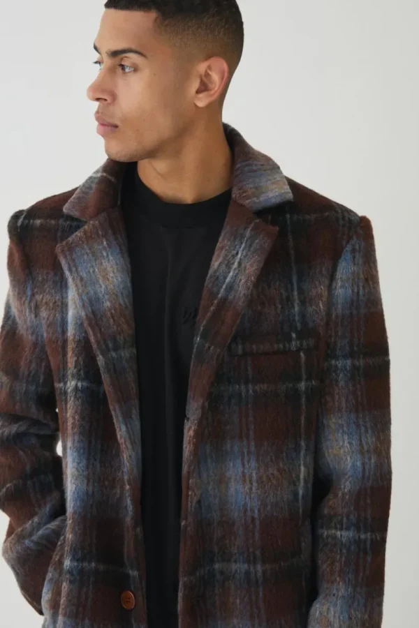 boohooMAN Single Breasted Check Overcoat In | Man | Coats & Jackets