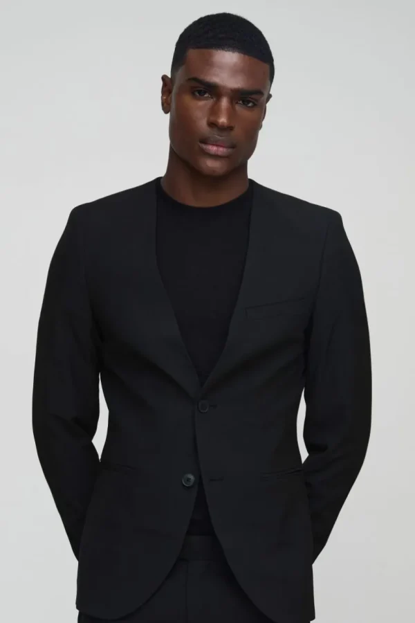 boohooMAN Skinny Fit Collarless Single Breasted Blazer | Suits & Tailoring | Suits & Tailoring