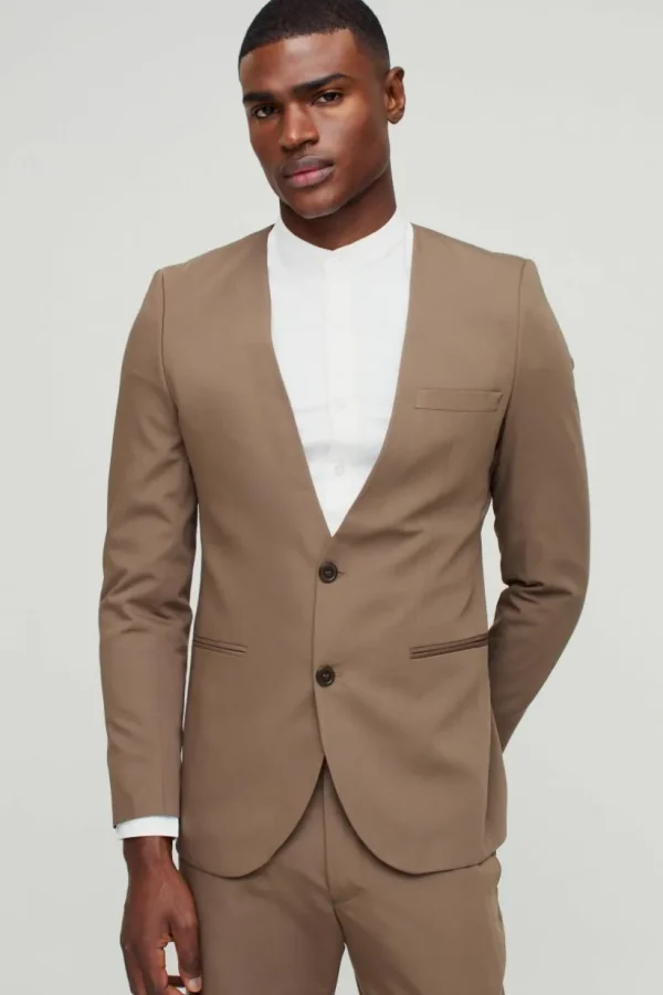 boohooMAN Skinny Fit Collarless Single Breasted Blazer | Suit Blazers | Suits & Tailoring