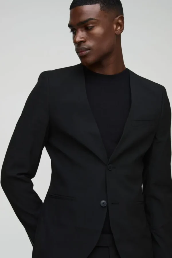 boohooMAN Skinny Fit Collarless Single Breasted Blazer | Suits & Tailoring | Suits & Tailoring