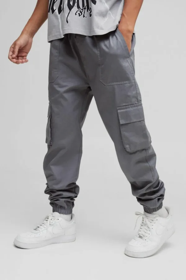 boohooMAN Skinny Fit Elasticated Waist Cuffed Cargo Trousers | Trousers | Cargo Trousers