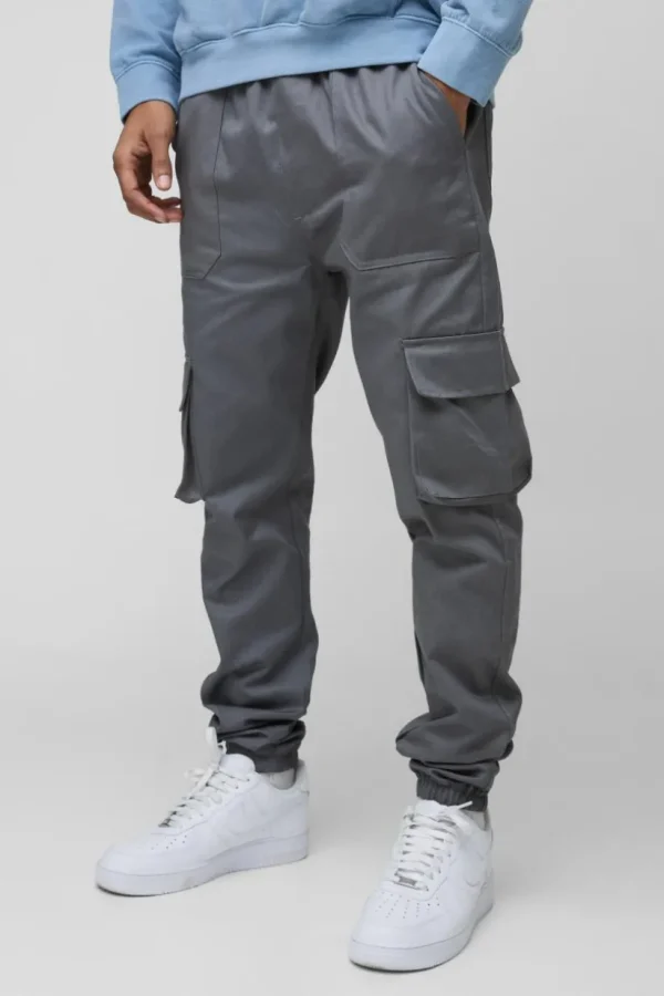 boohooMAN Skinny Fit Elasticated Waist Cuffed Cargo Trousers | Trousers | Cargo Trousers