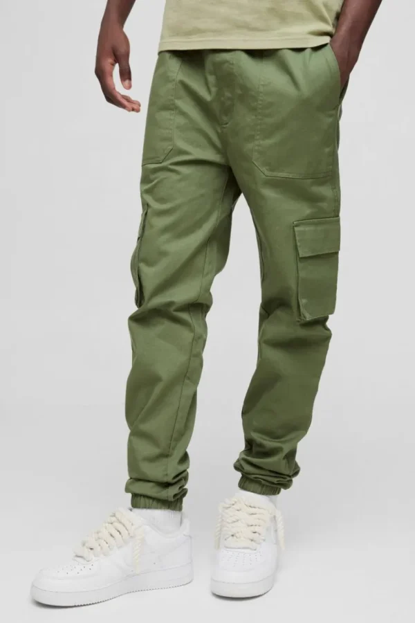 boohooMAN Skinny Fit Elasticated Waist Cuffed Cargo Trousers | Trousers | Cargo Trousers