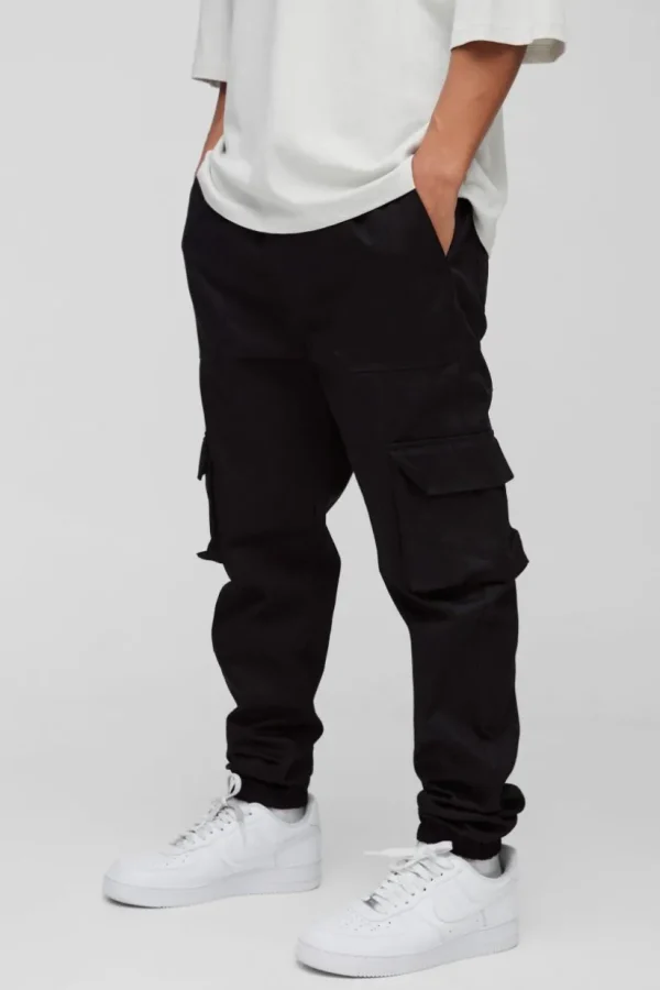 boohooMAN Skinny Fit Elasticated Waist Cuffed Cargo Trousers | Trousers | Cargo Trousers