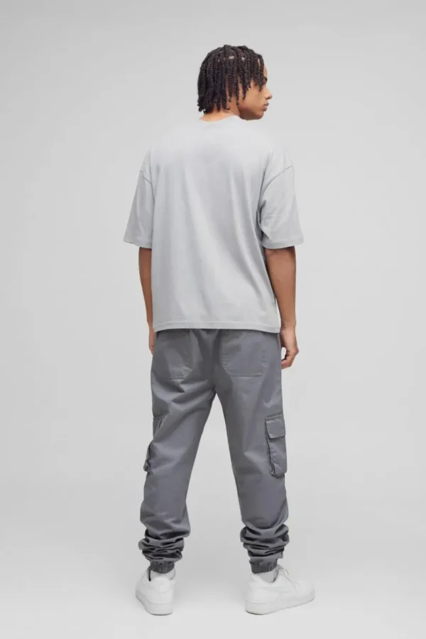 boohooMAN Skinny Fit Elasticated Waist Cuffed Cargo Trousers | Trousers | Cargo Trousers