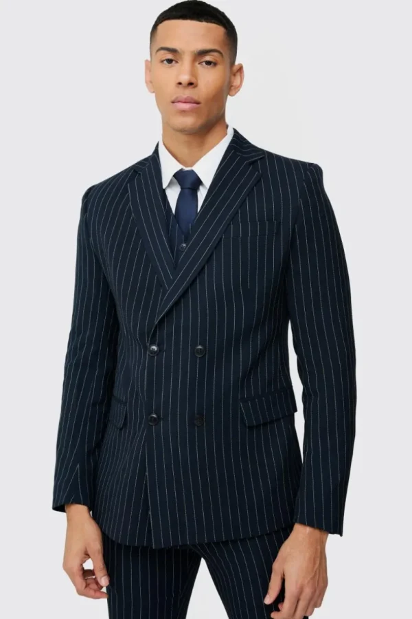 boohooMAN Skinny Fit Pinstripe Double Breasted Blazer | Suit Blazers | Suits & Tailoring