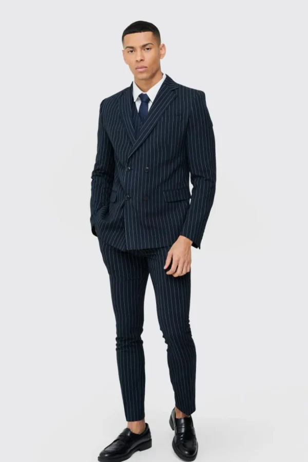 boohooMAN Skinny Fit Pinstripe Double Breasted Blazer | Suit Blazers | Suits & Tailoring