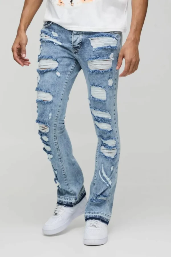 boohooMAN Skinny Flared All Over Ripped Distressed Jeans | Denim | Going Out Denim