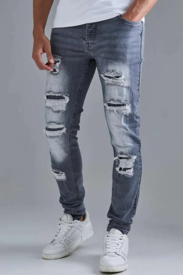 boohooMAN Skinny Stacked Distressed Ripped Jeans In | Going Out | Denim