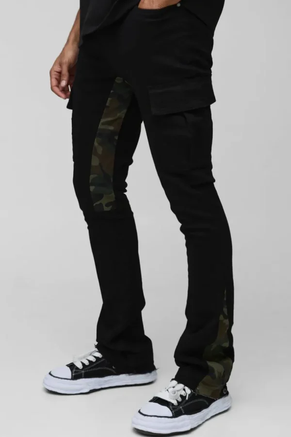 boohooMAN Skinny Stacked Flare Camo Gusset Cargo Trouser | Trousers | Cargo Trousers