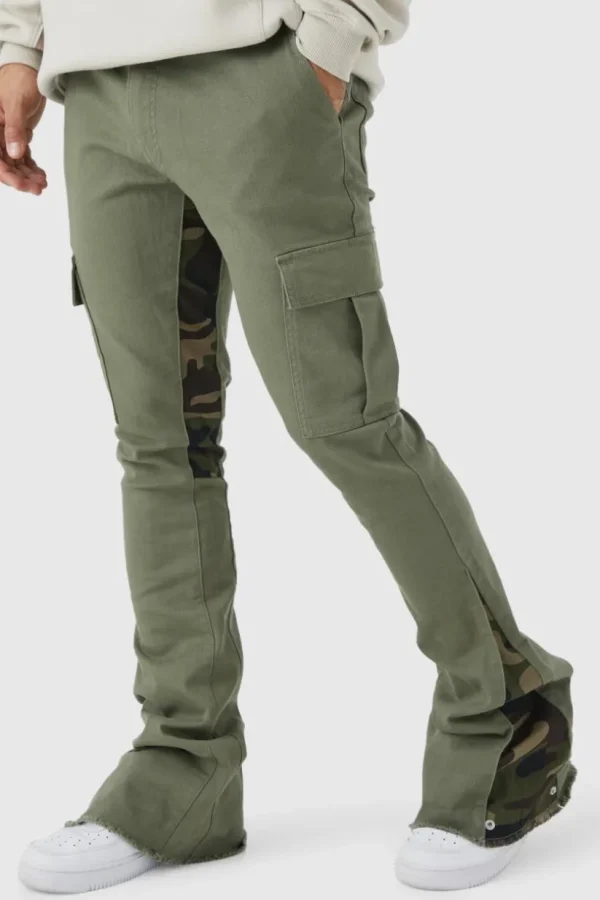 boohooMAN Skinny Stacked Flare Camo Gusset Cargo Trouser | Cargo Trousers