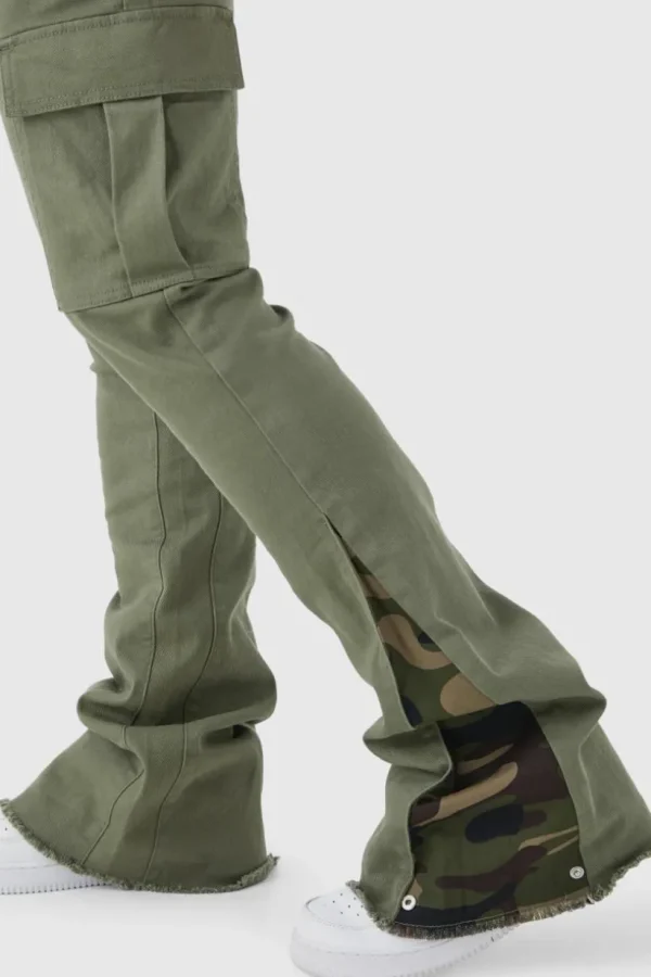 boohooMAN Skinny Stacked Flare Camo Gusset Cargo Trouser | Cargo Trousers